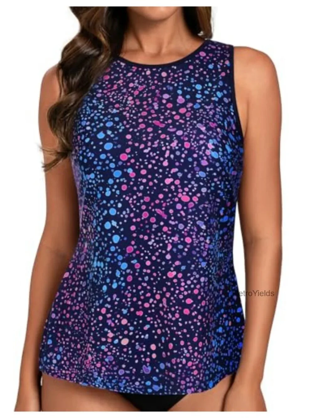 Women's High Neck Tankini Top Tummy Control Swimsuit UPF 50+ Removable Padded